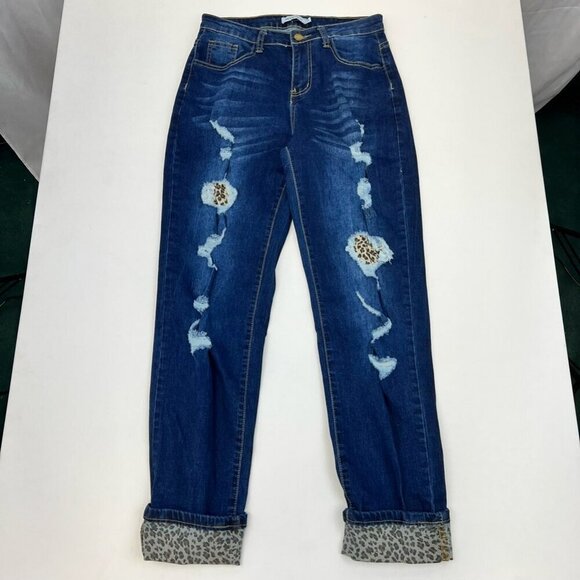 Misslook Womens Straight Leg Jeans Blue Leopard Print Distressed Cuffed Small - Picture 1 of 10